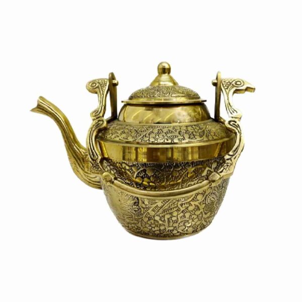 Brass Teapot Handcrafted with Elegant Floral Design Peacock