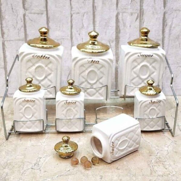 Ceramic Storage Jar - Stylish Storage for Coffee, Tea, & More, Embossed Golden Lid