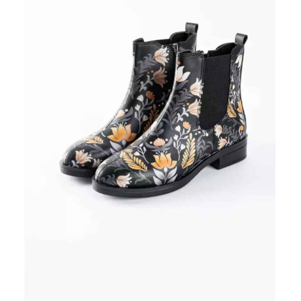 Graffiti Print Chelsea Boots – Synthetic Leather with Orange Flower Pattern