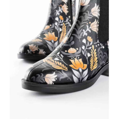 Graffiti Print Chelsea Boots – Synthetic Leather with Orange Flower Pattern