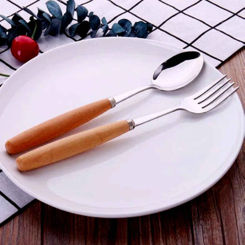 Spoon and Fork Flatware Set Dishwasher Safe With Wooden Handle