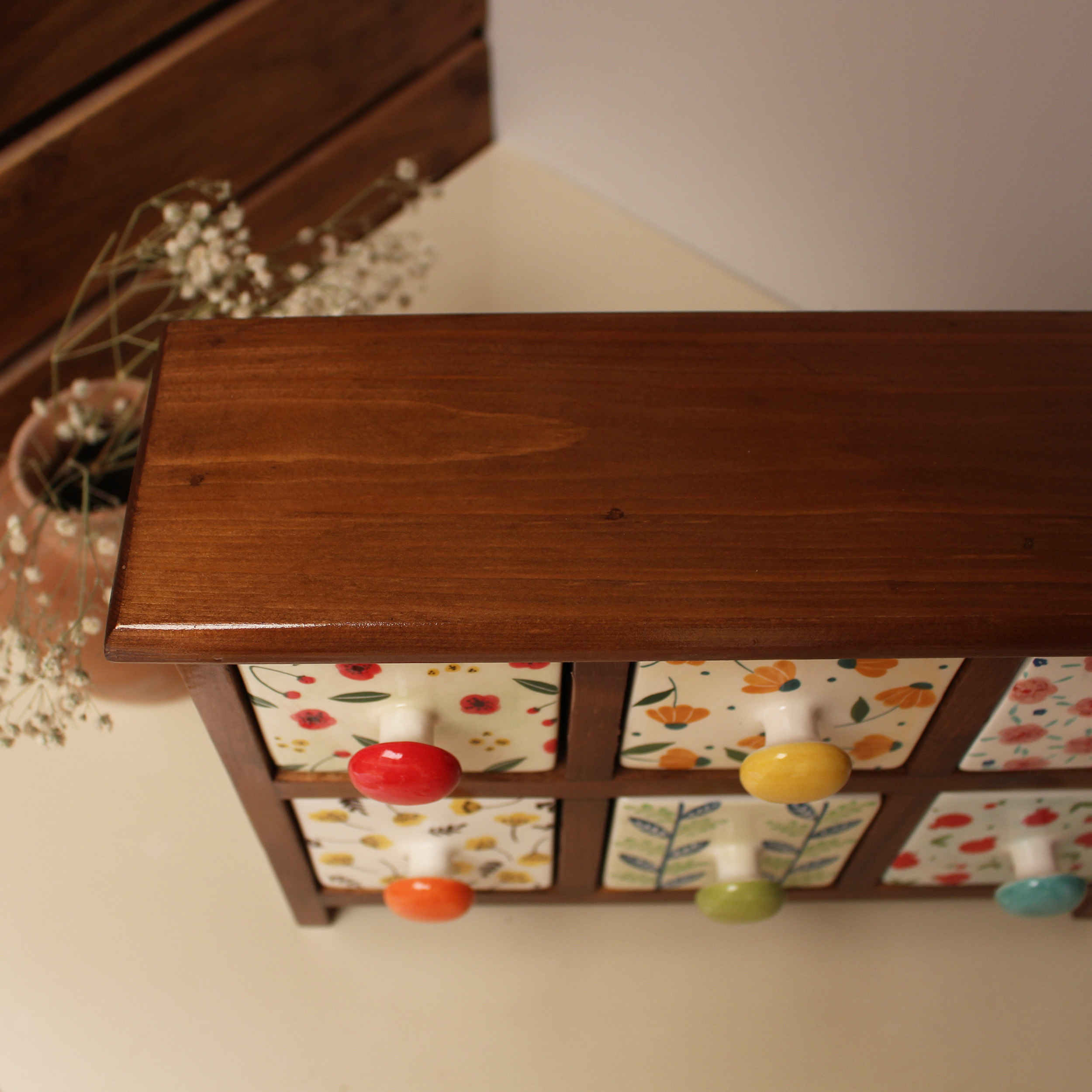 Handcrafted 6 Ceramic Drawers Chest with Wooden Box