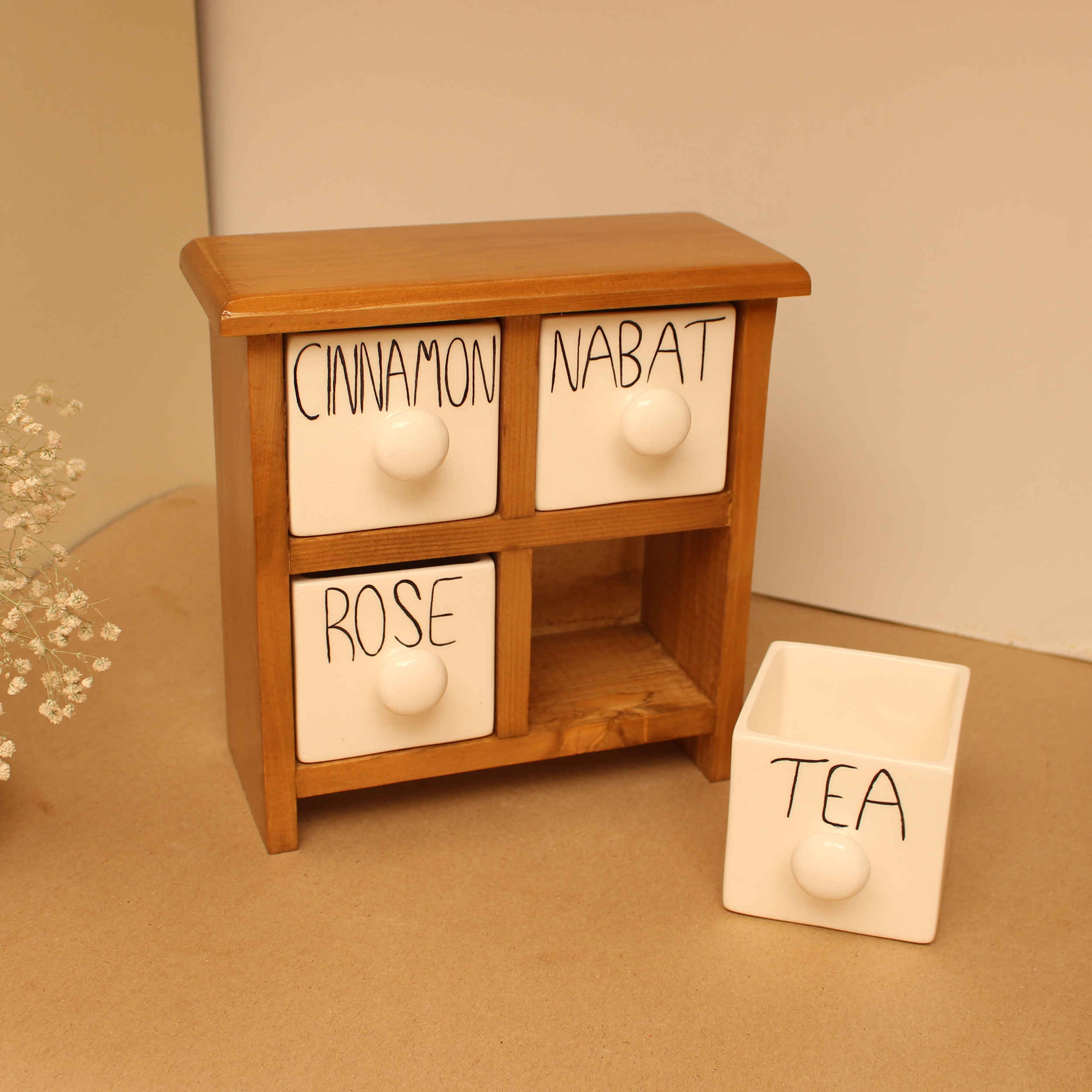 Handcrafted 4 Ceramic Drawers Chest with Wooden Box