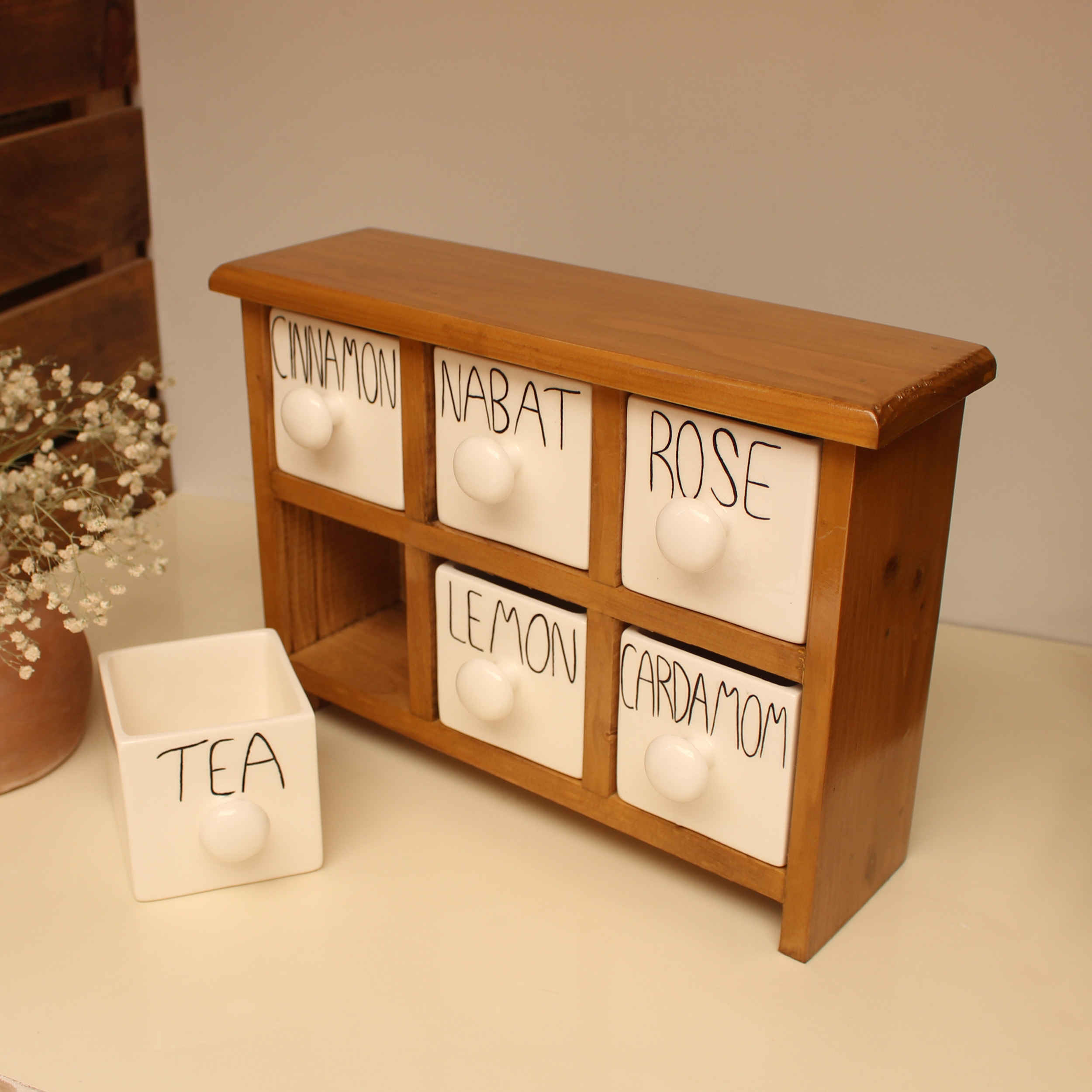 Handcrafted 6 Ceramic Drawers Chest with Wooden Box