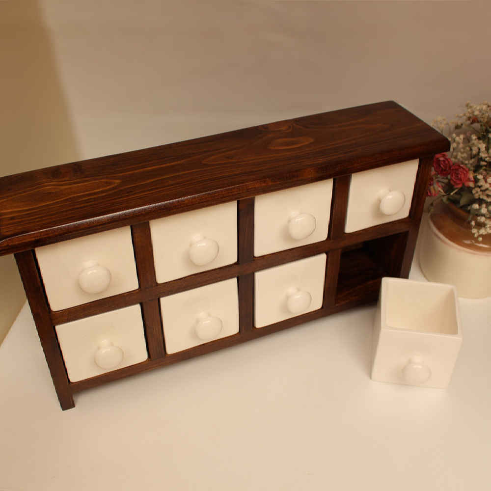 Handcrafted 8 Ceramic Drawers Chest with Wooden Box