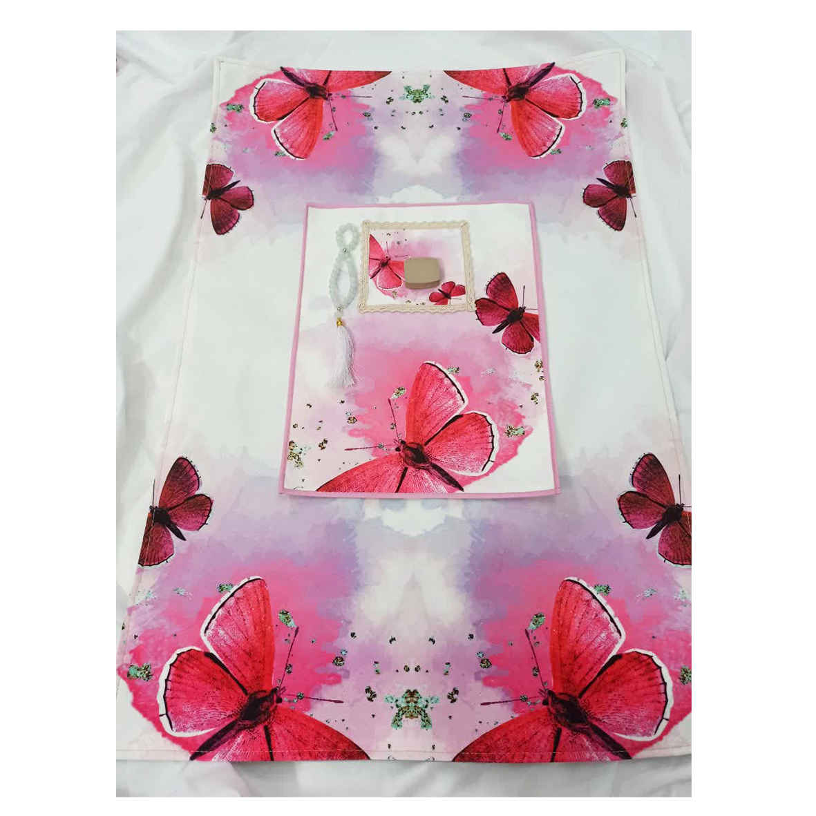 Islamic Prayer Mat Velvet Sajadah with Pink Butterfly Design