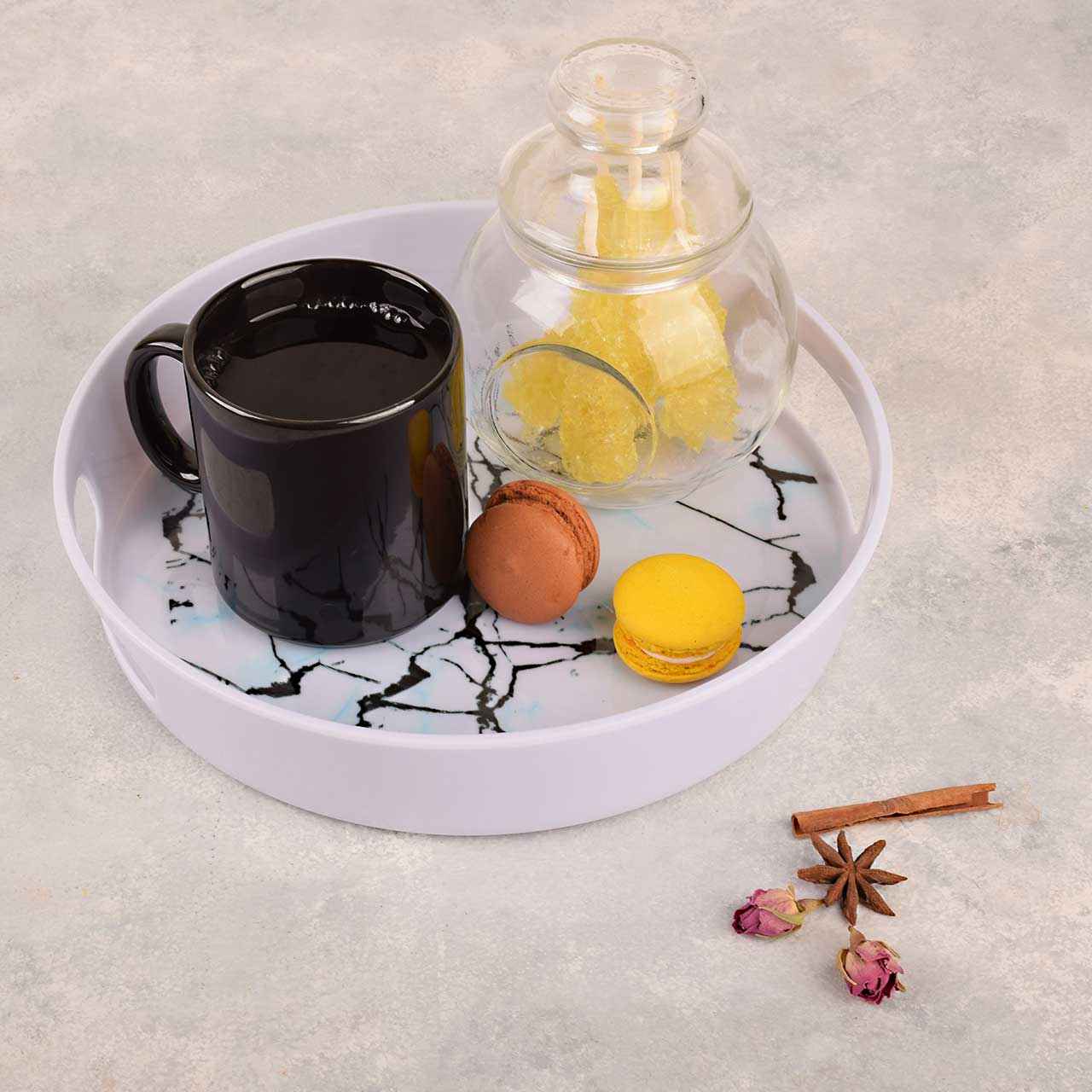 Melamine Serving Tray Round Shape for Drinks Serving Model Marble