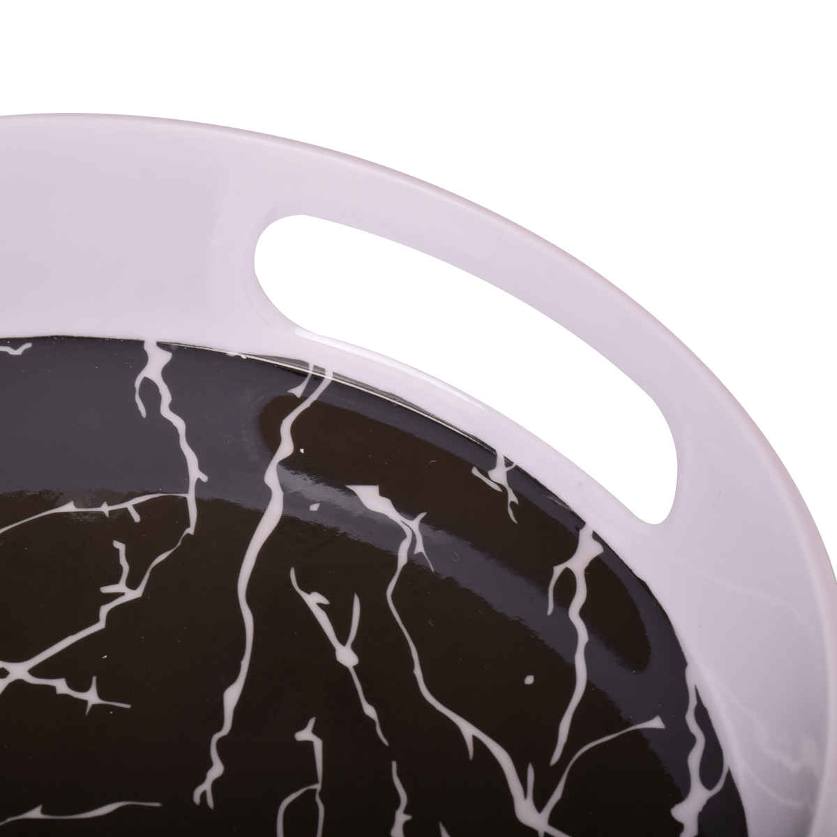 Melamine Serving Tray Round Shape with Handle Black Marble Design