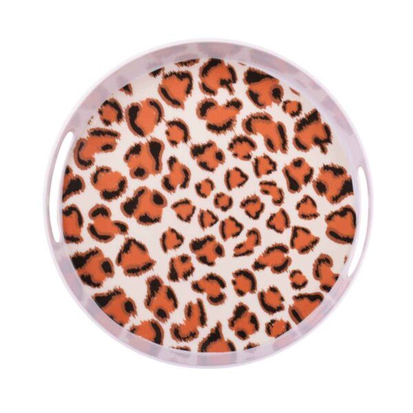 Melamine Serving Tray Round Shape with Handle Leopard Pattern