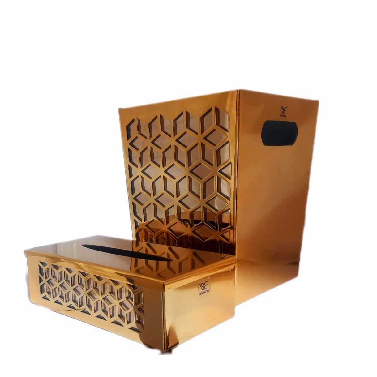 Metal Waste Basket & Tissue Box Set - Diamond Design