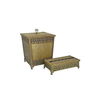 Metal Waste Basket & Tissue Box Set – Matte Golden Color