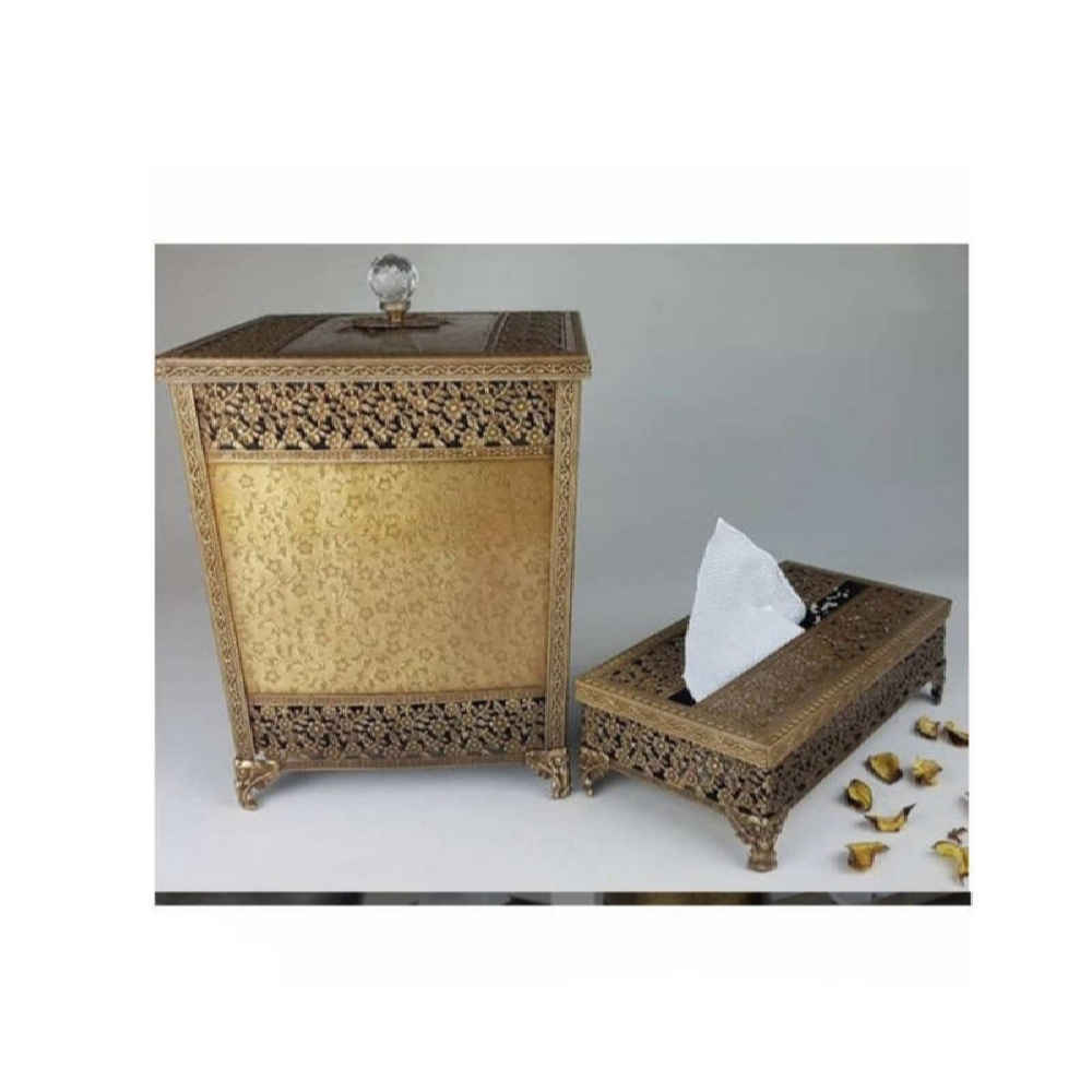 Metal Waste Basket & Tissue Box Set – Matte Golden Color