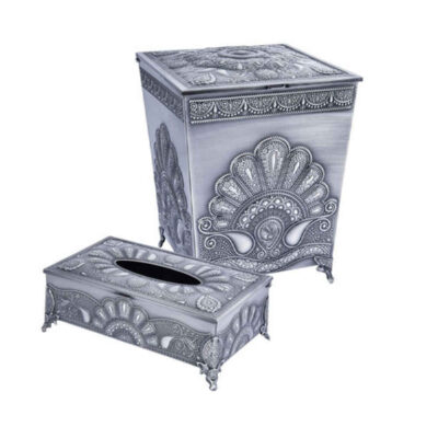 Metal Waste Basket & Tissue Box Set – Peacock Pattern