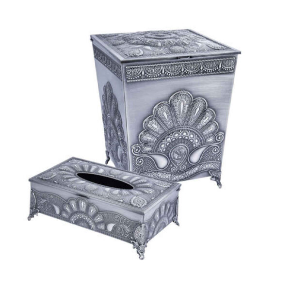 Metal Waste Basket & Tissue Box Set - Peacock Pattern