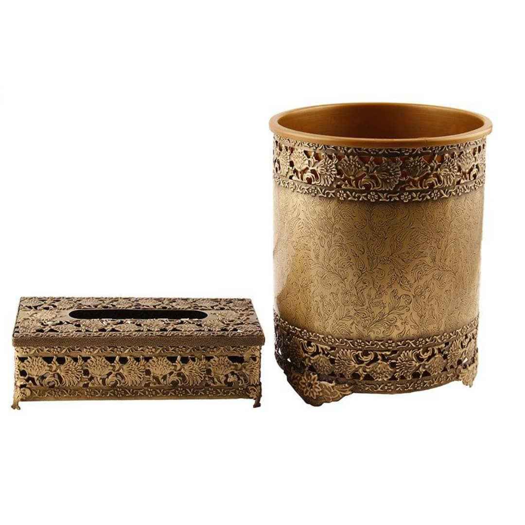 Metal Waste Basket & Tissue Box Set - Floral Design