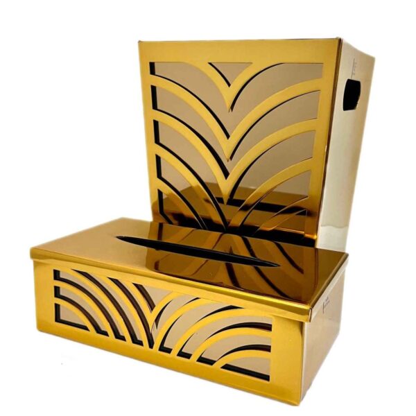 Metal Waste Basket & Tissue Box Cover With Mirror & Wood Combination