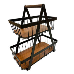 Metal Wire Fruit Basket 2-Tier With Detachable Wooden Base