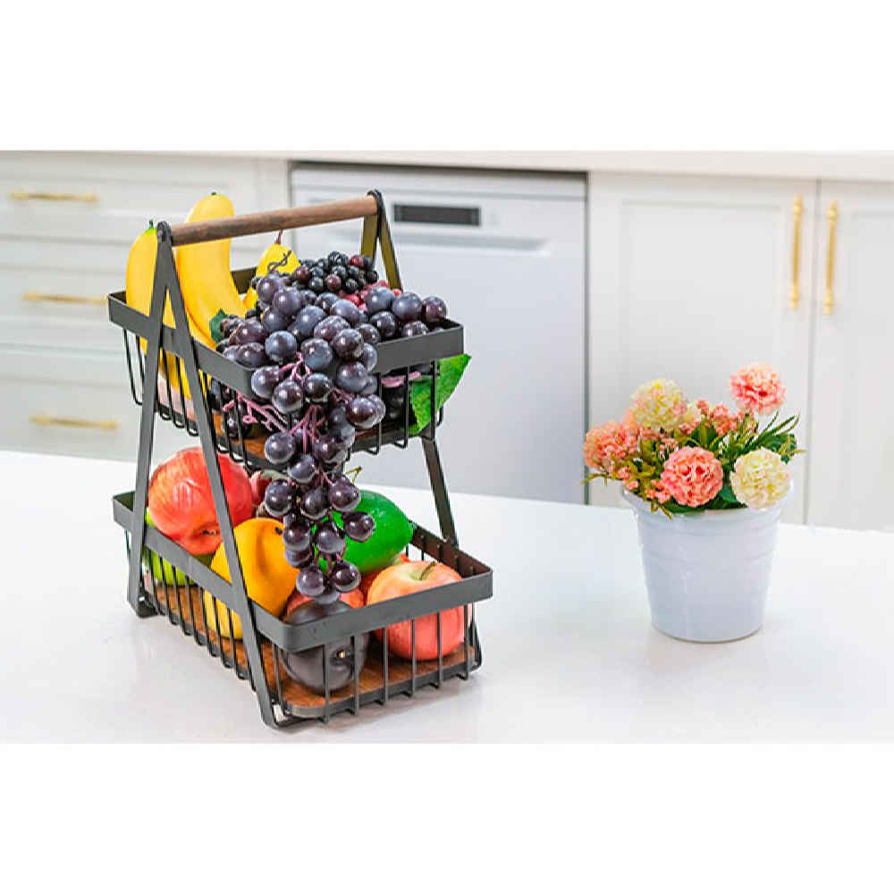 Metal Wire Fruit Basket 2-Tier With Detachable Wooden Base