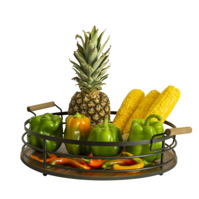 Metal Wire Fruit Basket Round Shaped With Wooden Handle