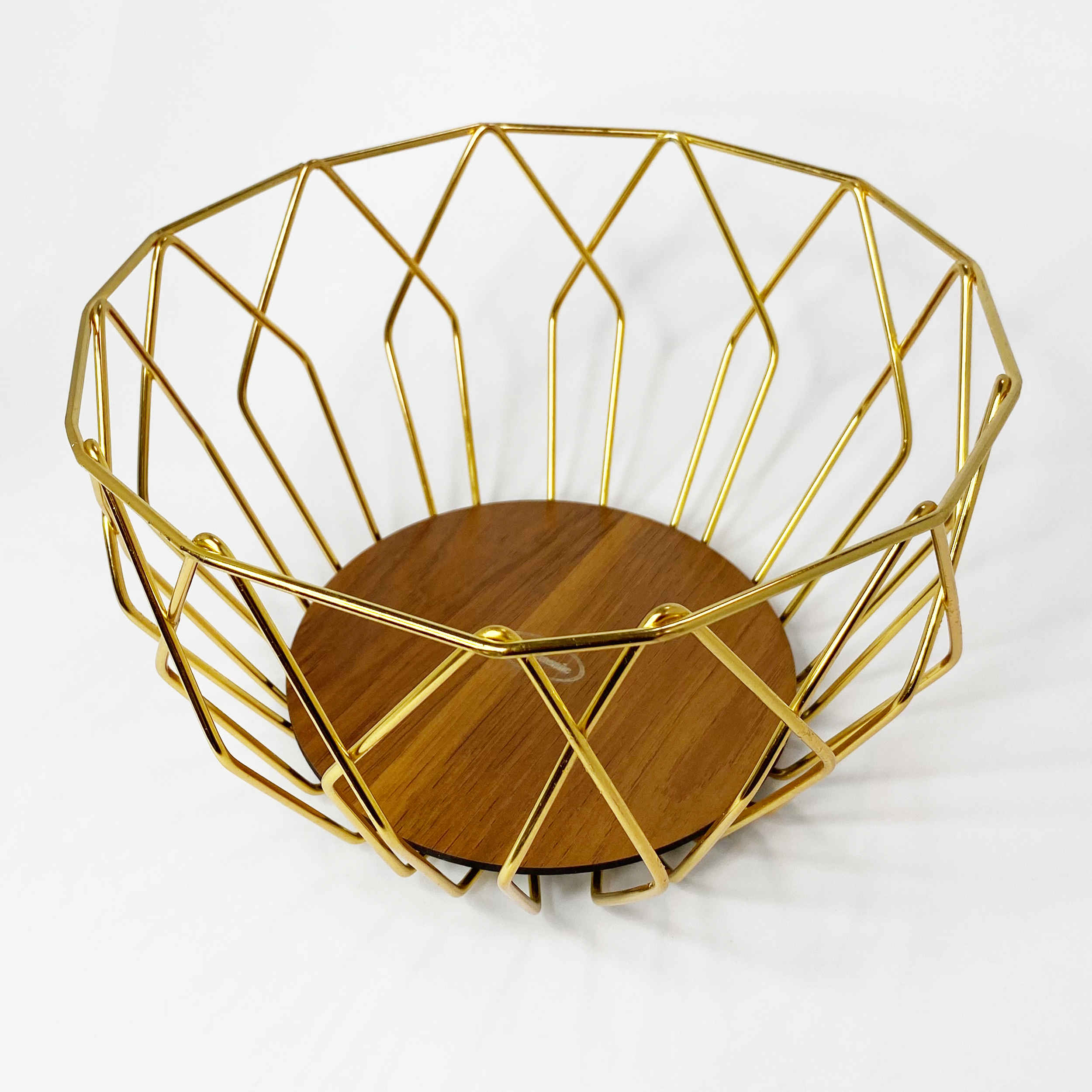 Metal Wire Fruit Basket With Wooden Base Model Geometric