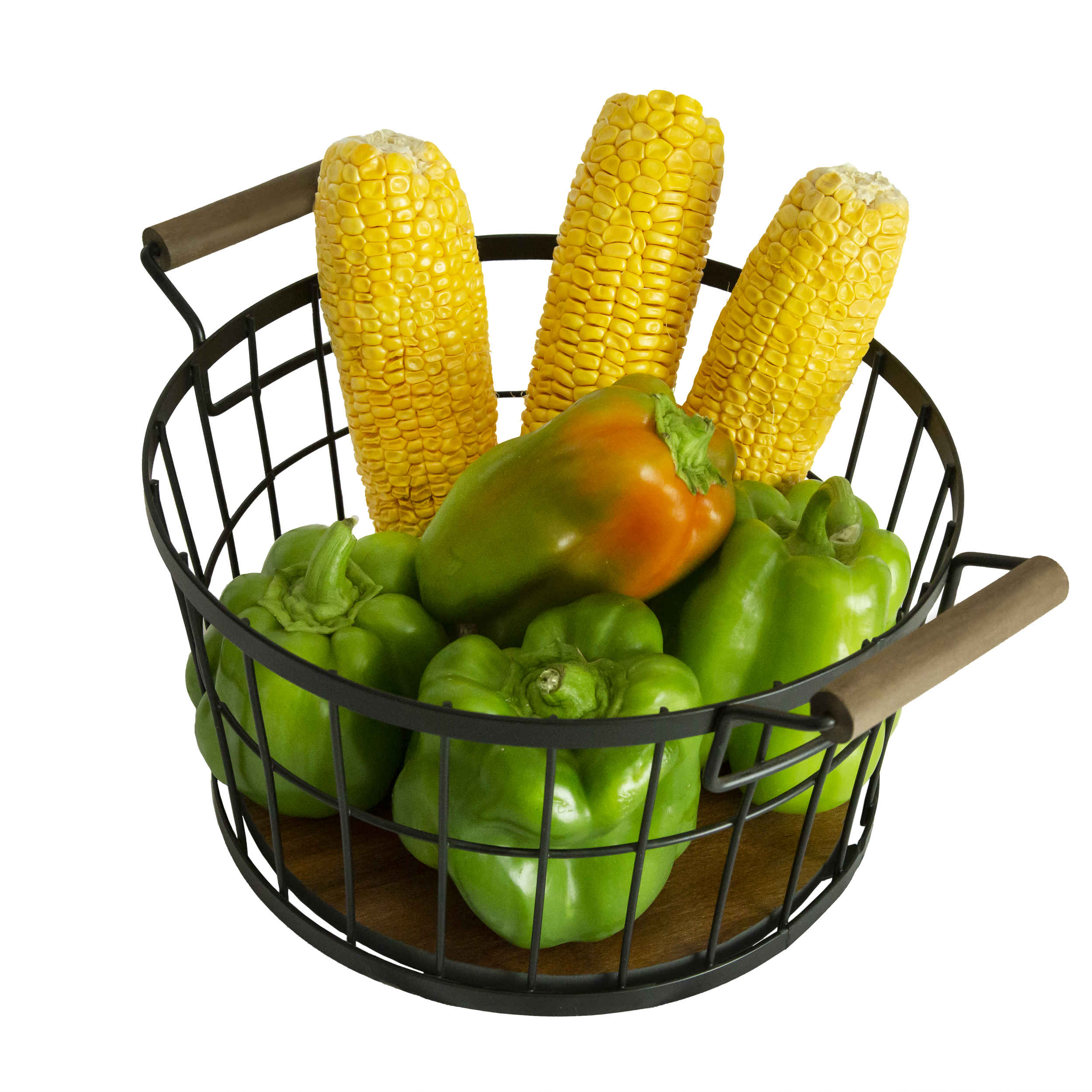 Metal Wire Fruit Basket With Wooden Base Model High