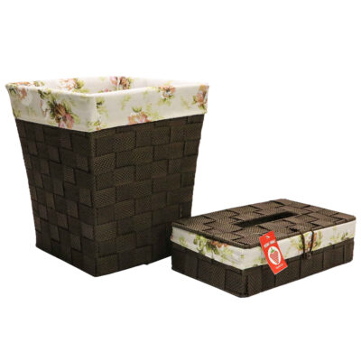 Plastic Waste Basket & Tissue Box Set – Fabric Cover