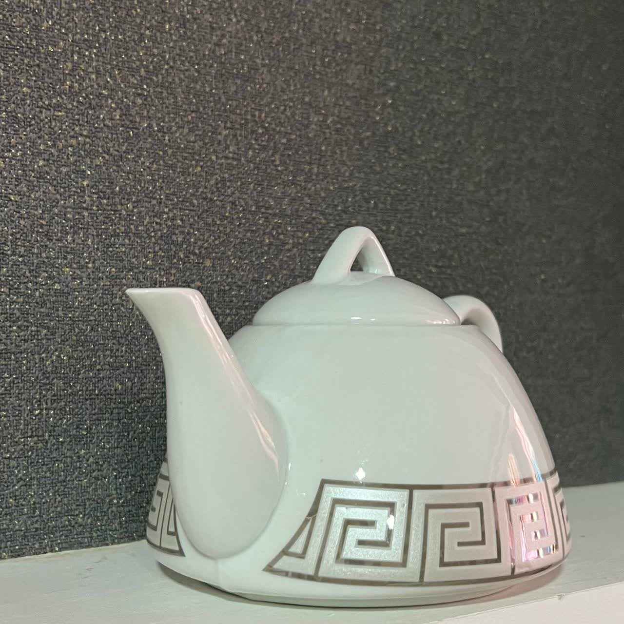 Porcelain Serving Teapot Silver Greek Key Design No1