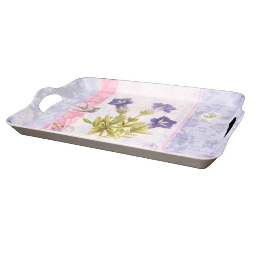 Purple Melamine Serving Tray with Handle Rectangular Shape & Flower Design