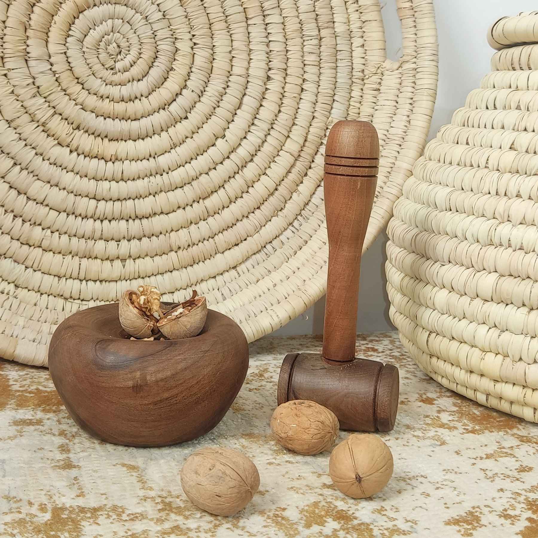 Rustic Wooden Nutcracker – Handmade Nut Bowl with Mallet for Traditional Nut Cracking