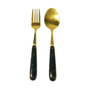 Spoon and Fork Set Flatware With Marble Design Model Golden