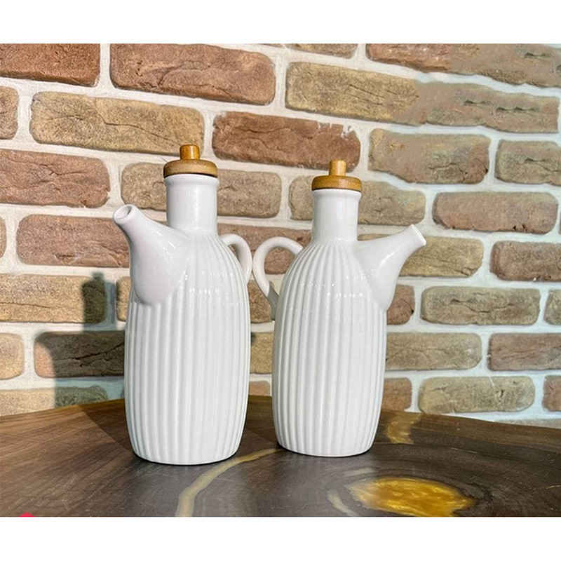 White Ceramic Oil Dispenser Dishwasher Safe Bottle with Lid