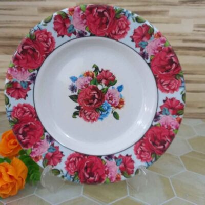 White Melamine Plate Set, Microwave Safe, Rose Flower