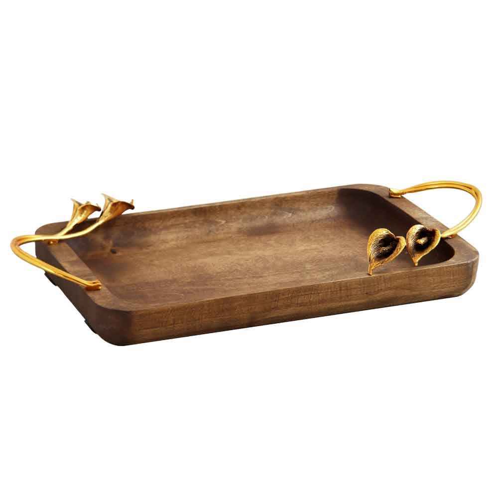 Wooden Serving Tray With Golden Flower Handle