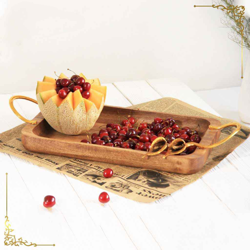 Wooden Tray with Golden Flower Handles – Elegant & Functional