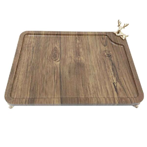 Wooden Tray with Golden Steel Deer & Base – Unique Centerpiece for Serving