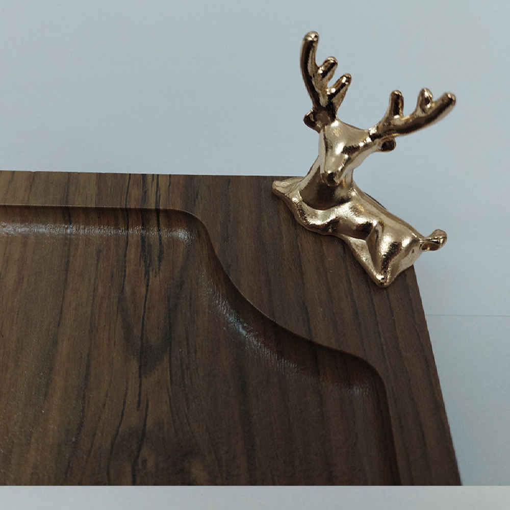 Wooden Tray with Golden Steel Deer & Base – Unique Centerpiece for Serving