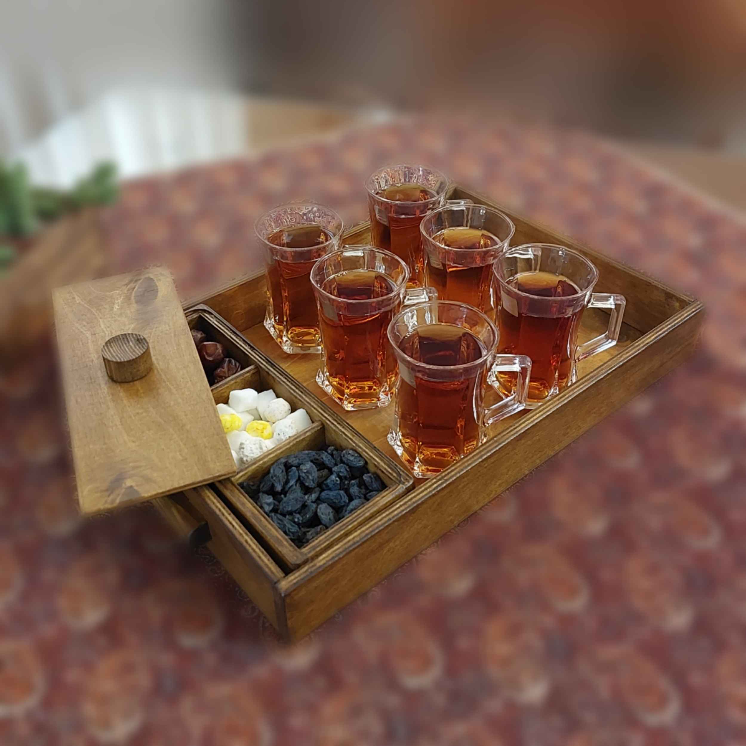 Wooden Tray with Three-Section Sugar Bowl & Handle – For Tea or Sweets