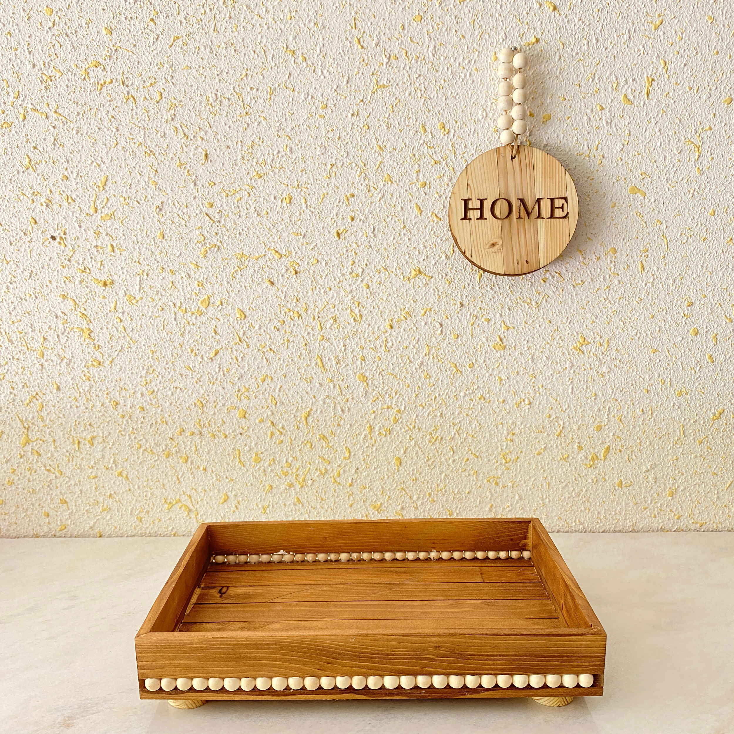 Decorative Wooden Serving Tray with Pearl Beads & Base