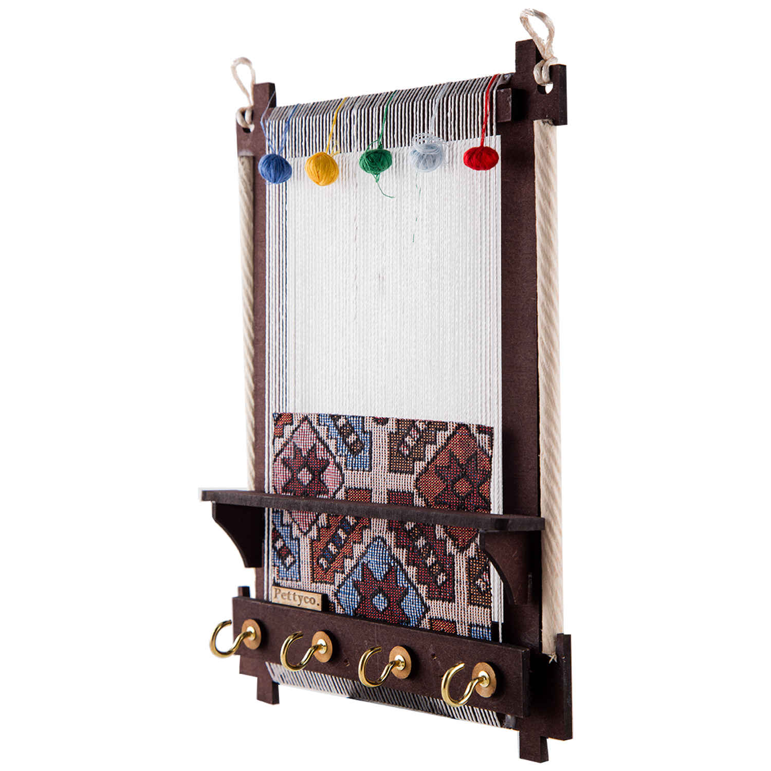 Handcrafted Persian Wooden Wall Key Holder with Traditional Style Weaving Loom Kit Design