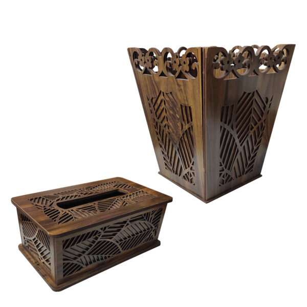 Wooden Waste Basket & Tissue Box Set - Leaf Design