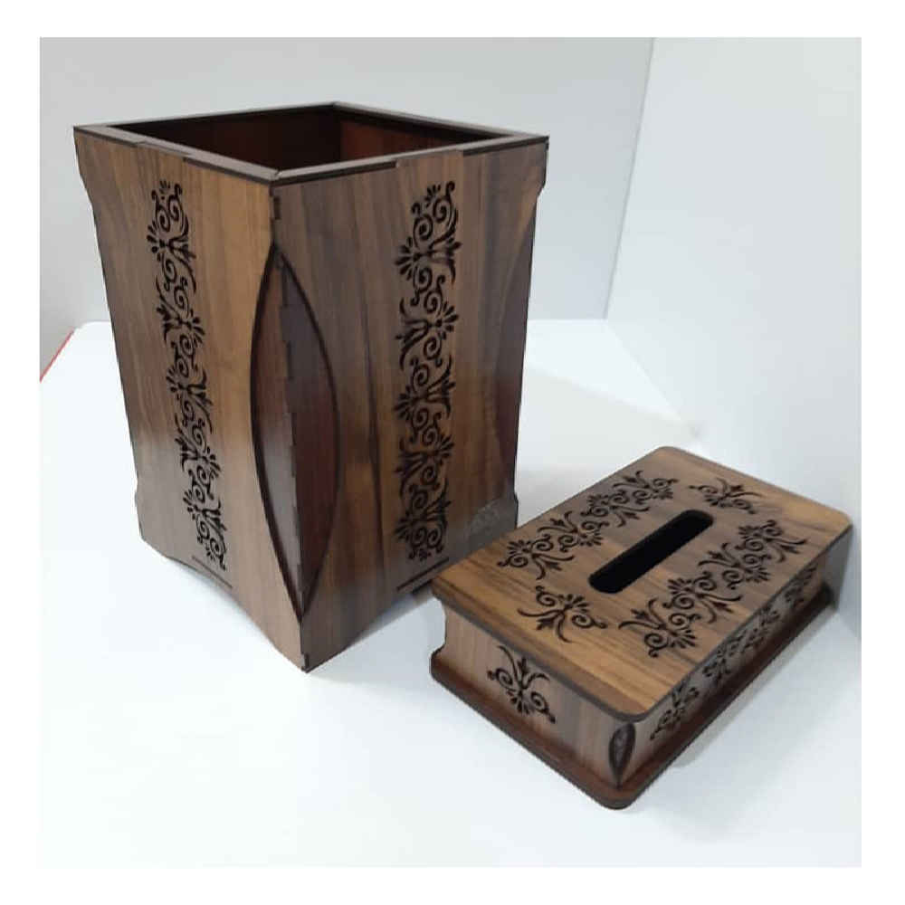 Wooden Waste Basket & Tissue Box Set – Floral Pattern
