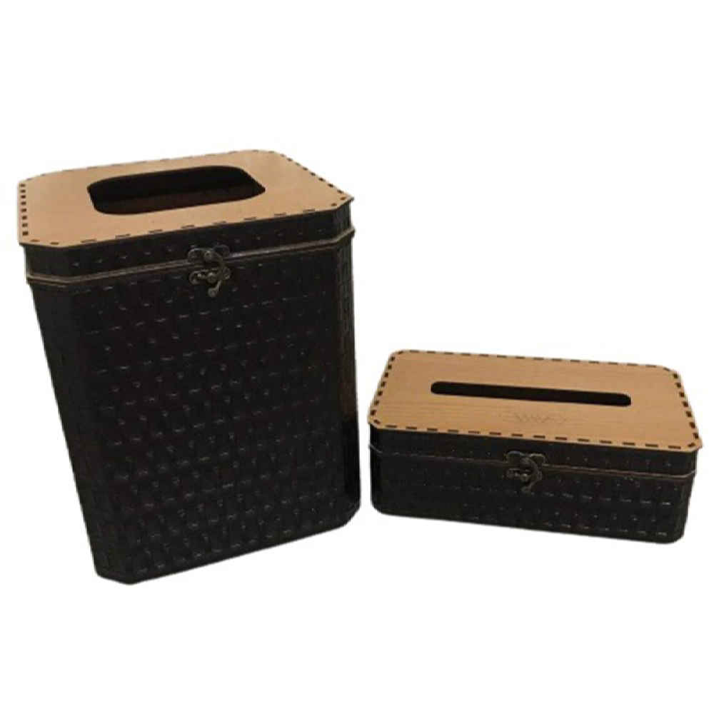 Wooden Waste Basket & Tissue Box Set with Hinged Lid