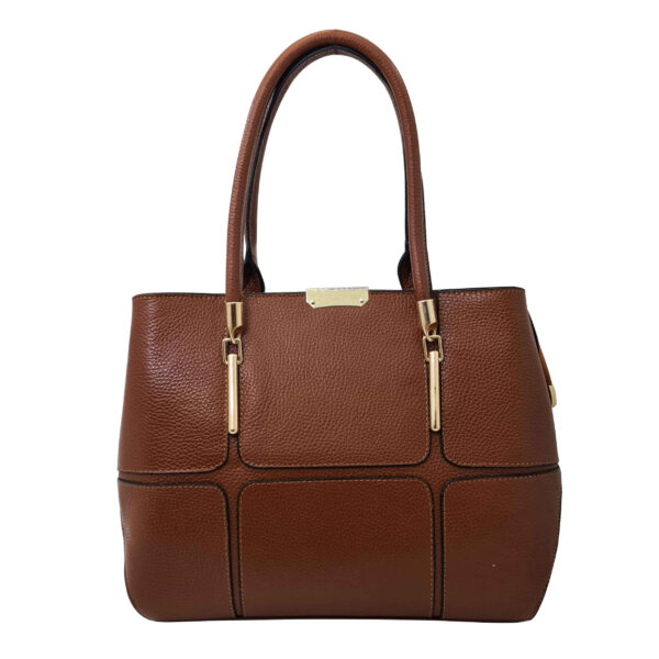 Brown Leather Bauletto Handbag with Large Capacity & Dual Handles