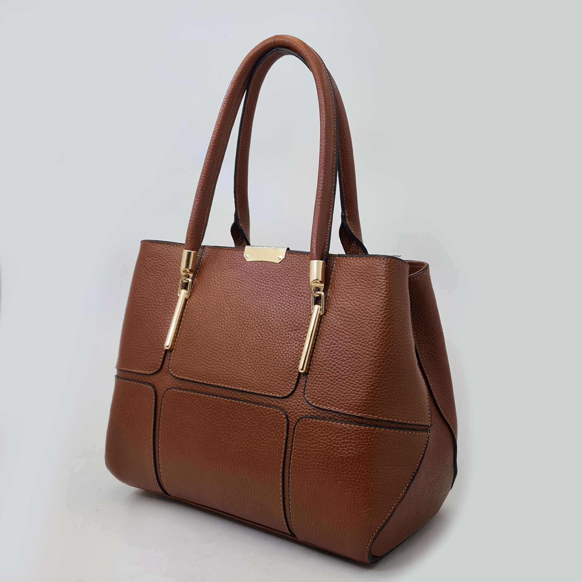 Brown Leather Bauletto Handbag with Large Capacity & Dual Handles