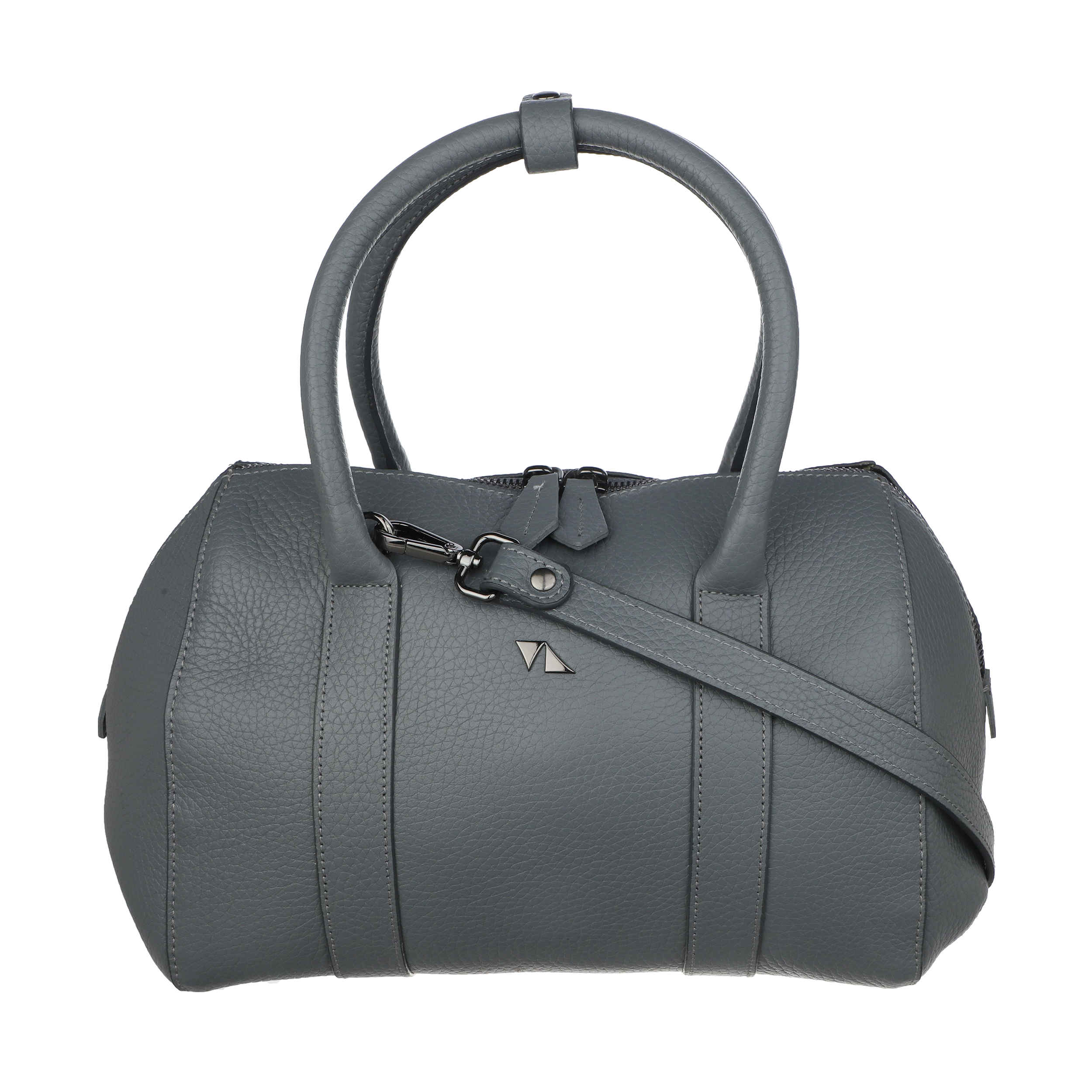 Gray Leather Bauletto Handbag with Large Capacity for Women