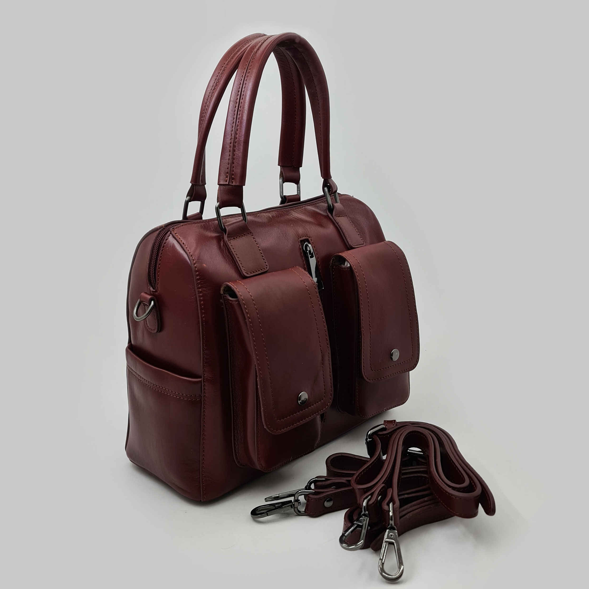 Leather Bauletto Handbag with Double Pocket Design for Women