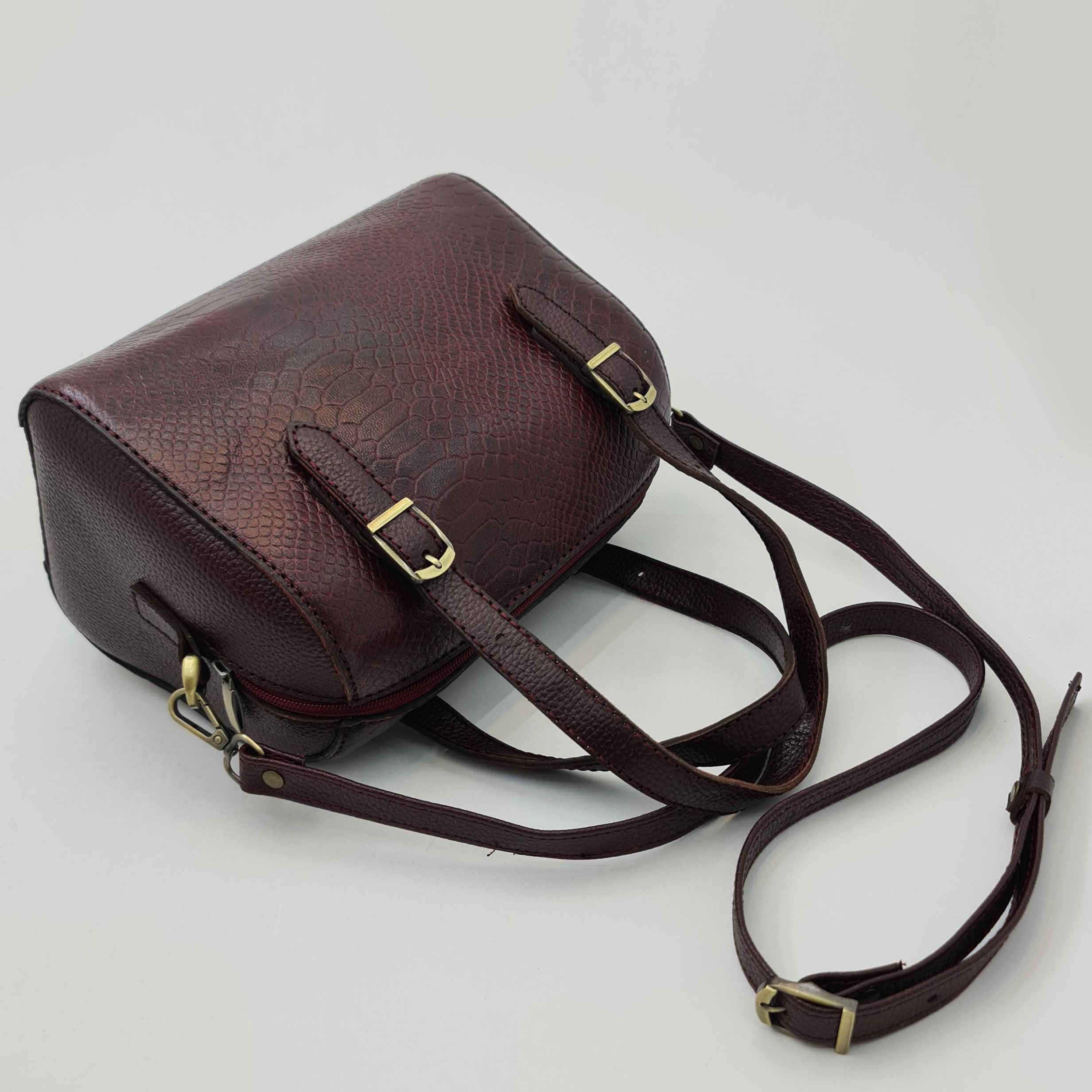 Maroon Leather Bauletto Handbag with Snakeskin Pattern for Women