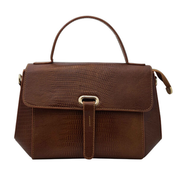 Brown Leather Bauletto Handbag with Single Handle & Long Strap
