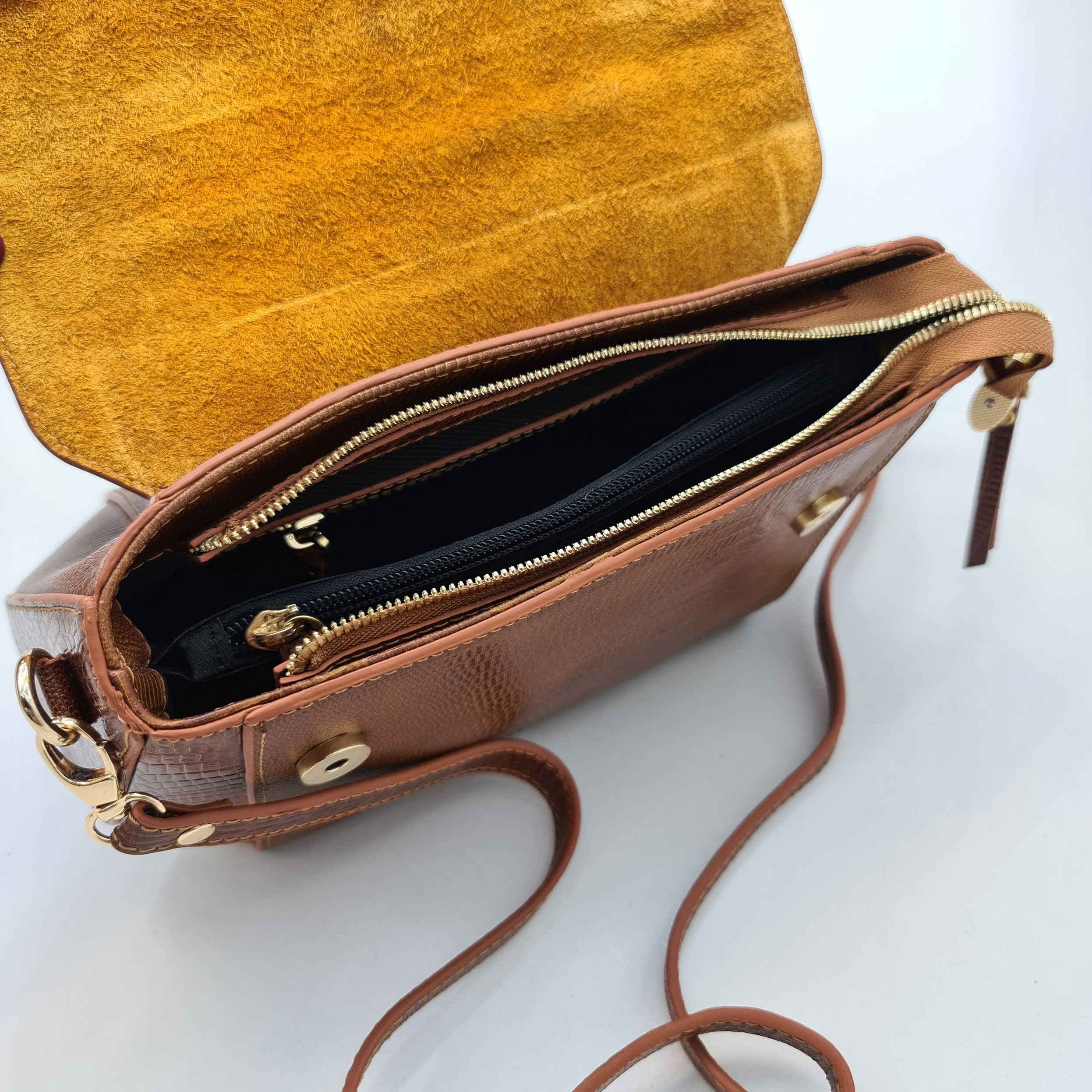 Brown Leather Bauletto Handbag with Single Handle & Long Strap