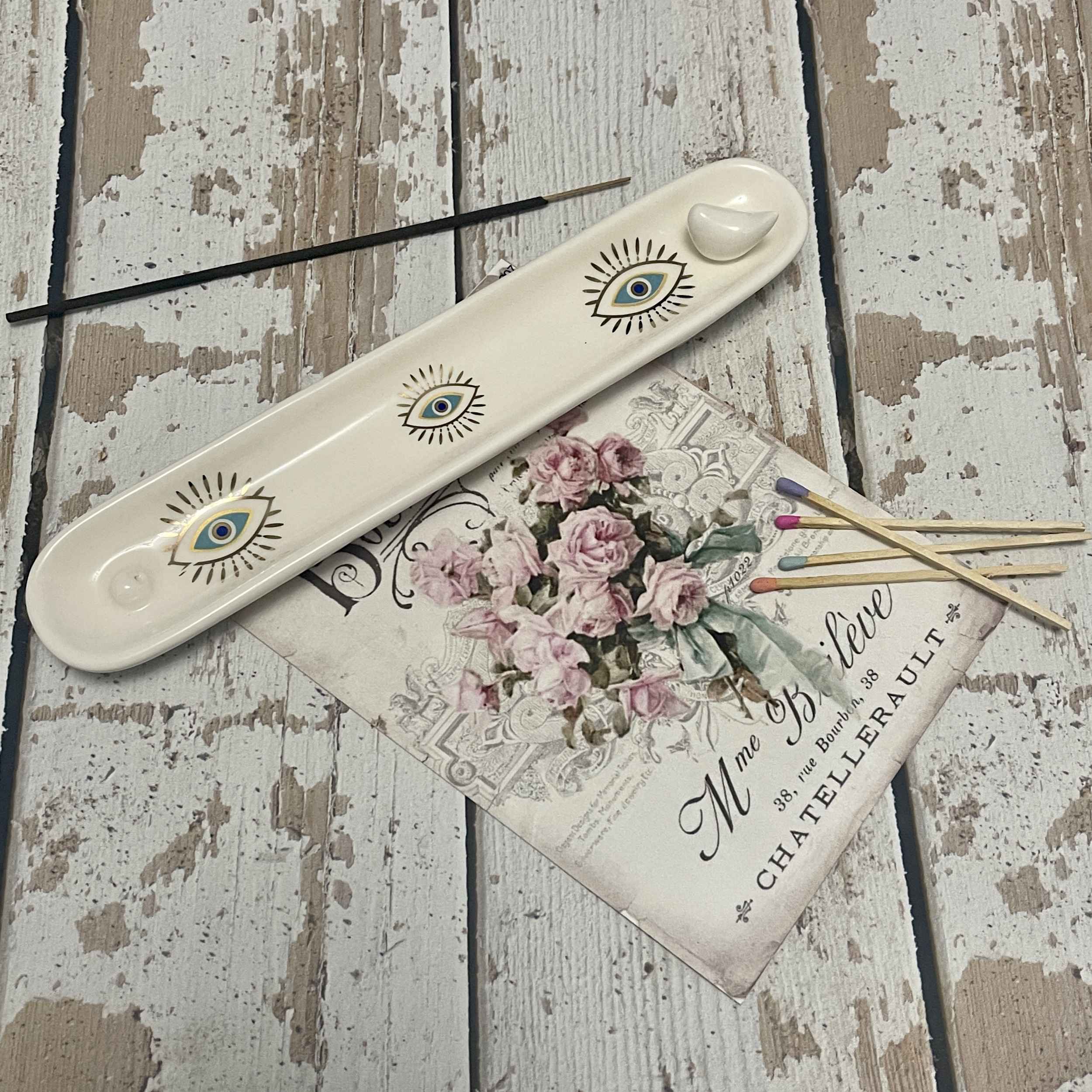 Handcrafted Ceramic Incense Holder – Evil Eyes Design